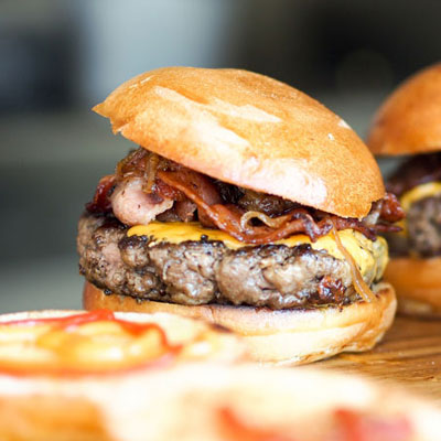 close-up of rustic burgers